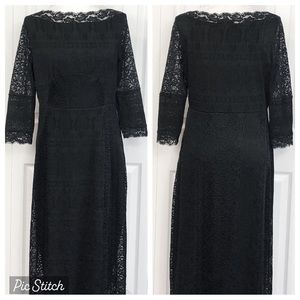 Suzanne Betro Black Lace Overlay Boatneck 3/4 Sleeve Midi Dress Medium